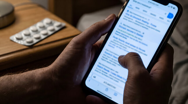 Close up of hand scrolling glowing smartphone screen at 2 am beside blister of tablets suffering illness anxiety