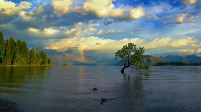 Wanaka Tree at Sunset with Rainbow over Lake Wanaka, New Zealand