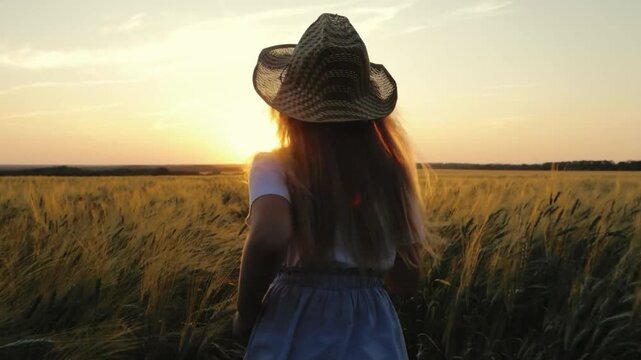 woman running in field at sunset. Happy female enjoys nature arms outstretched while running. Playful girl freedom in open meadow. Joyful child running sunset. Active outdoor lifestyle in nature farm