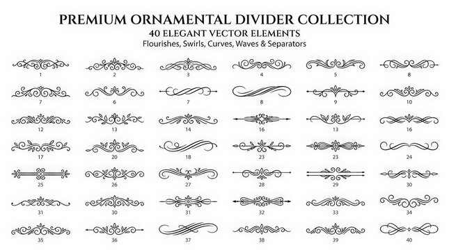 Premium ornamental divider collection, 40 elegant vector elements. Vintage flourishes and swirls, decorative separators for wedding invitations.
