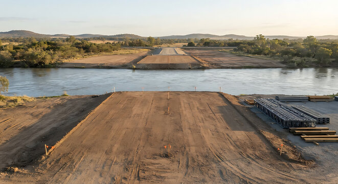 A flat, cleared area where a temporary bridge is about to be built, currently empty.