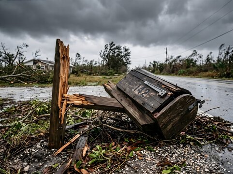 Broken wooden mailbox numbered 142 lying on ground amidst hurricane aftermath destruction.