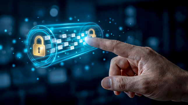 Two fingers touching glowing golden blockchain padlock chain with blue particle data stream on dark bokeh background, representing secure blockchain encryption and data protection concept