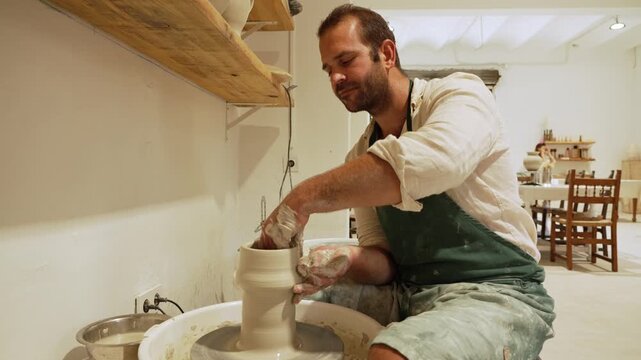 Ceramist man making clay pot on pottery wheel