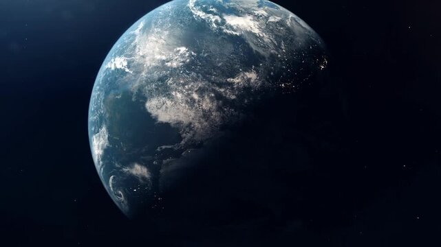Sky view from space orbit over rotating planet Earth horizon. 3D animation loop background. Milky Way and faint stars in dark cosmos and illuminated city lights. Zoom. Galaxy. geography. Day night