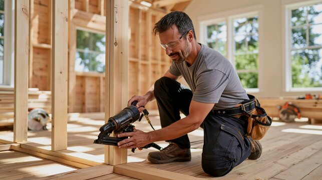 Carpenter Framing a Wood Stud Wall with Pneumatic Nail Gun