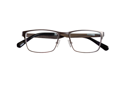 Stylish rectangular eyeglasses with thin metal frame, clear lenses, black temples and adjustable nose pads isolated on a transparent background, modern optical accessory for vision and fashion