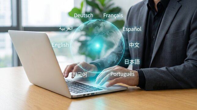 Man using laptop with globe with laptop hands keyboard sits desk using language learning translation tool communication multilingual technology