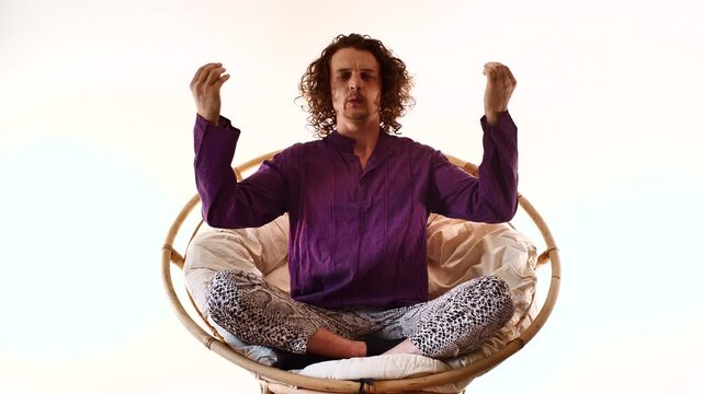 Full Body Man Meditating in Spiritual Mindfulness Pose on Circular Seat