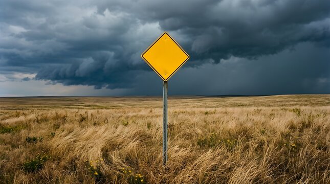Blank yellow warning sign in a rural field under a dark and dramatic tornado storm sky