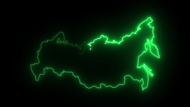 Glowing neon green outline map of russia isolated on black background, digital technology concept 4K Motion video animation