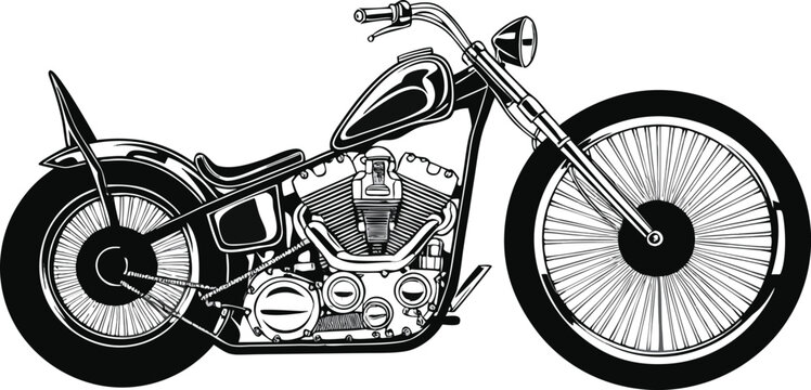 Vintage chopper motorcycle vector illustration, classic custom bike design with wire spokes, monochrome grayscale artwork, retro motorbike concept isolated on white background