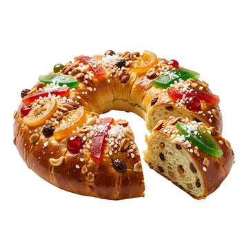 Rosca de Reyes sweet bread with candied fruit. Traditional holiday