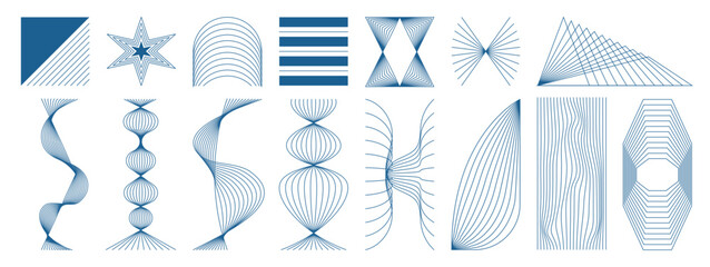 Fototapeta na wymiar Abstract geometric line elements set. Vector blue striped shapes, arrows, triangles, circles and optical forms for modern posters, branding, editorial layouts and graphic design