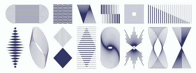 Plakat Abstract geometric line elements set. Vector blue striped shapes, arrows, triangles, circles and optical forms for modern posters, branding, editorial layouts and graphic design