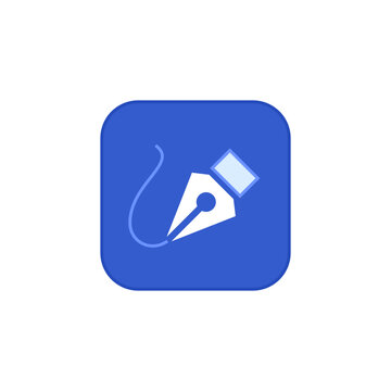 Pen nib vector icon in blue square button, symbolizing writing tool, edit action, creative design, signature input, content creation and clean app control.