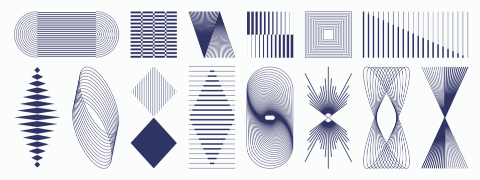 Abstract geometric line elements set. Vector blue striped shapes, arrows, triangles, circles and optical forms for modern posters, branding, editorial layouts and graphic design