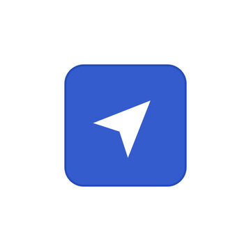 Paper plane vector icon in blue square button, representing send action, message delivery, navigation arrow, sharing command and clean communication interface.