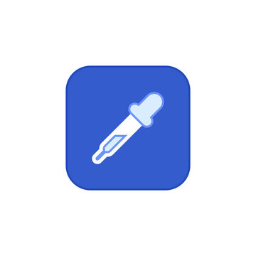 Eyedropper vector icon in blue square button, representing color picker, sampling tool, graphic editor, palette selection, UI design and clean creative control.