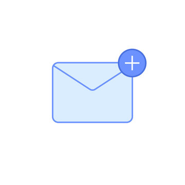 Add email vector icon with envelope and plus badge, representing new message, compose mail, contact creation, inbox action and clean communication shortcut.