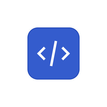 Code brackets vector icon in blue square button, showing programming, development, script editing, website markup, software engineering and clean developer symbol.