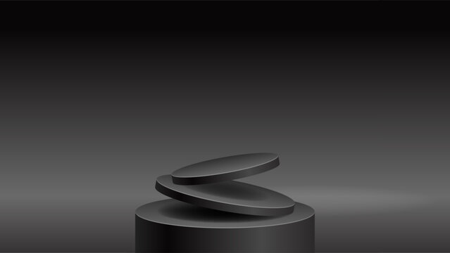 Black cylindrical podium with an asymmetrical floating oval top, dramatic horizontal glow and dark studio background, ideal for contemporary art, product launches, branding and exhibitions.