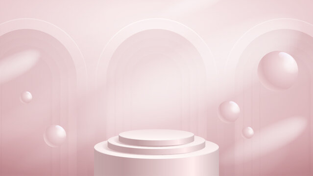 Pale rose cylindrical podium stand with white layered steps, soft arches and suspended spheres, offering a delicate presentation scene for skincare, beauty branding, packaging and banners.