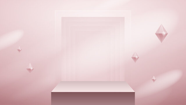 Light rose square podium illustration with pale raised platform, nested frames and suspended crystal shapes, creating a delicate stage for skincare, fashion, cosmetics and premium branding.