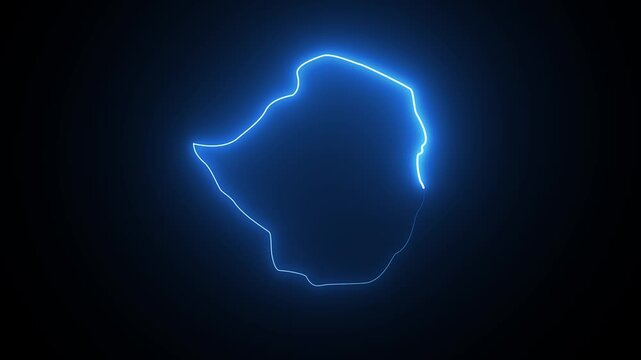 Glowing neon light outline map of zimbabwe on a dark black background