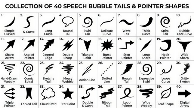 Collection of 40 speech bubble tails and pointer shapes. Black comic book callout elements, hand-drawn arrow and swirl icons set