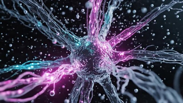 Abstract glowing neuron cell with branching fibers in space