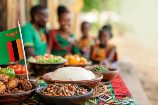 Holiday table with local Zambian dishes and family celebration for independence day.
