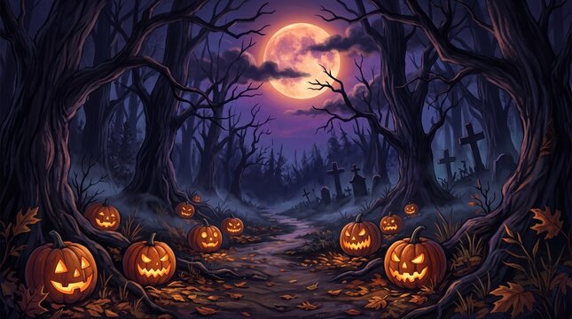 Scary glowing jack o lantern pumpkins in a dark spooky forest at night under a full moon light