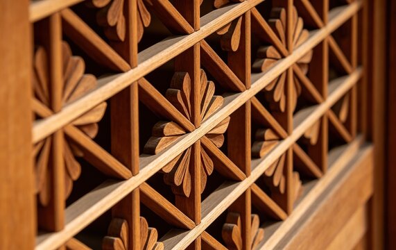 Japanese Kumiko Woodwork Geometric Pattern, Cedar Diamond Lattice Detail