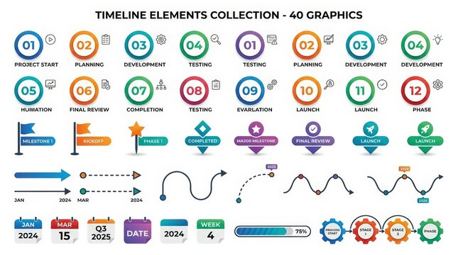 Timeline elements collection with 40 graphics, business infographic icons for project management, colorful workflow process charts