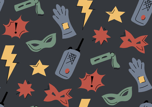 Vector seamless superhero pattern. Doodle texture with stars, radio, glove and masks on dark background. Heroic background