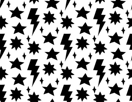 Vector seamless pattern with black hand drawn comic stars and lightning on white background. Monochrome texture with stars