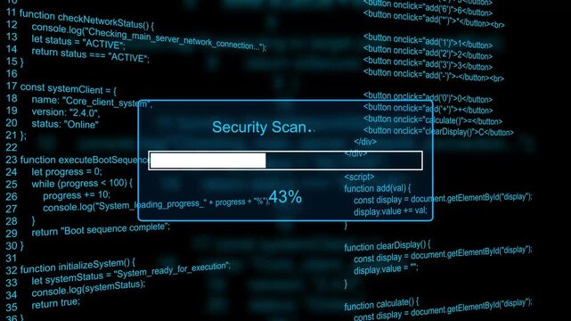 Security scan system vulnerability check progress bar animation loop with percentage box on dark programming code background visual asset