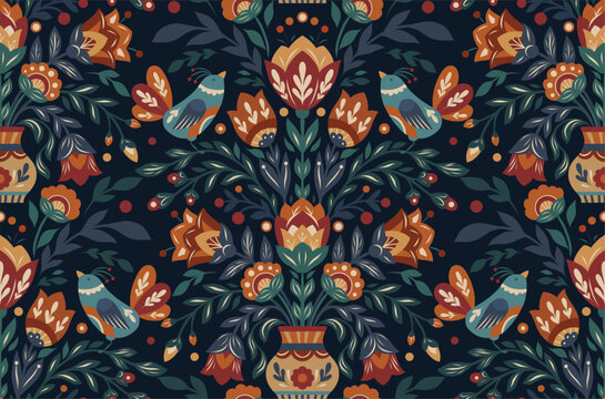 Vector seamless ornament with birds and flowers in a vase in folk art style on dark background. Texture with tracery blooming floral pattern