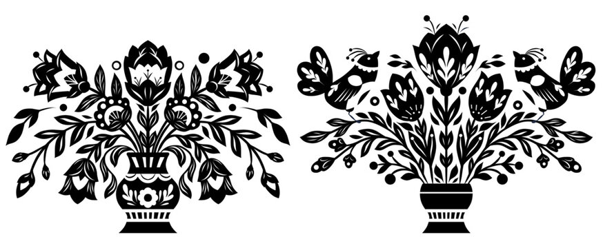 Vector clip arts set of bouquets with birds and flowers in a vase in folk art style. Monochrome collection with tracery blooming floral illustration
