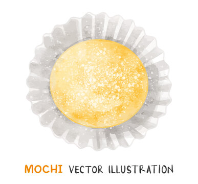 Yellow mochi in white paper cup. Watercolor vector mochi close-up illustration.