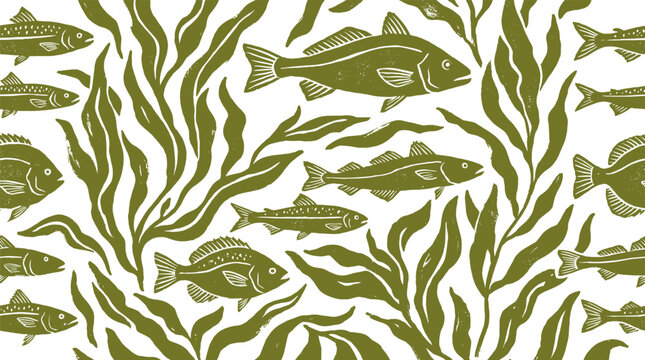 Seamless Fish and Seaweed Pattern in Linocut Style, Olive Green Illustration Isolated on White