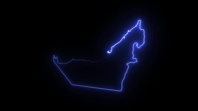 United arab emirates map outline with glowing neon blue light effect on black background, contour 4K Motion video animation
