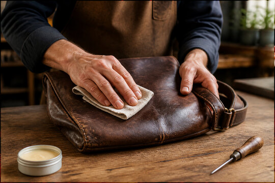 Craftsperson Conditioning Worn Leather Bag for Repair and Reuse