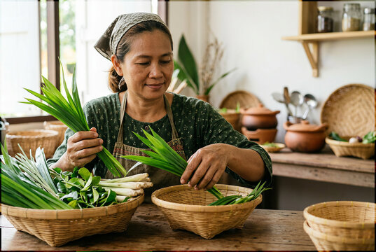 Southeast Asian Small Business Owner Preparing Fresh Local Herbs