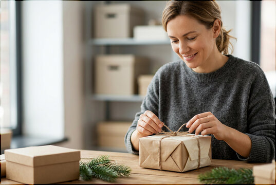 Small Business Owner Preparing Minimal Holiday Gift Packaging