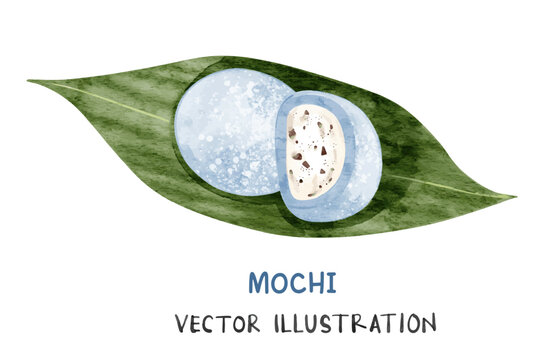 Oreo cream cheese mochi on leaf plate. Watercolor Japanese cuisine vector illustration.