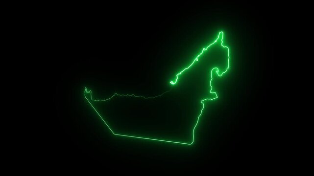 Glowing neon outline map of united arab emirates, uae country border animation on black background 4K Motion video animation
