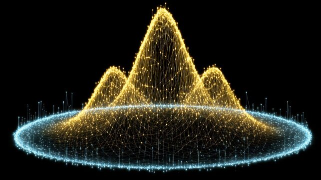 Abstract glowing digital mountain landscape wireframe with nodes and connections data visualization cyber technology black background