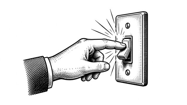 Hand flipping a light switch on, vintage engraving style illustration of power activation.
